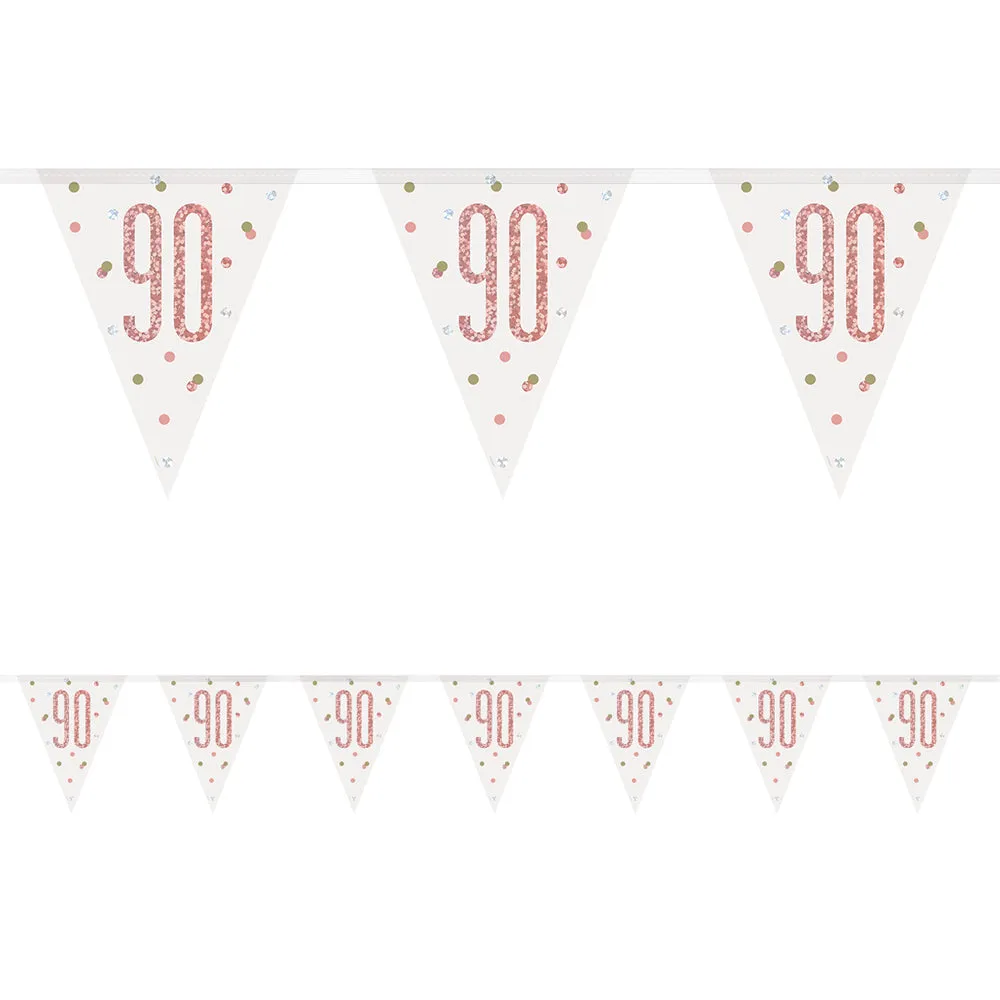 Birthday Glitz Rose Gold 90th Flag Bunting - 2.7m