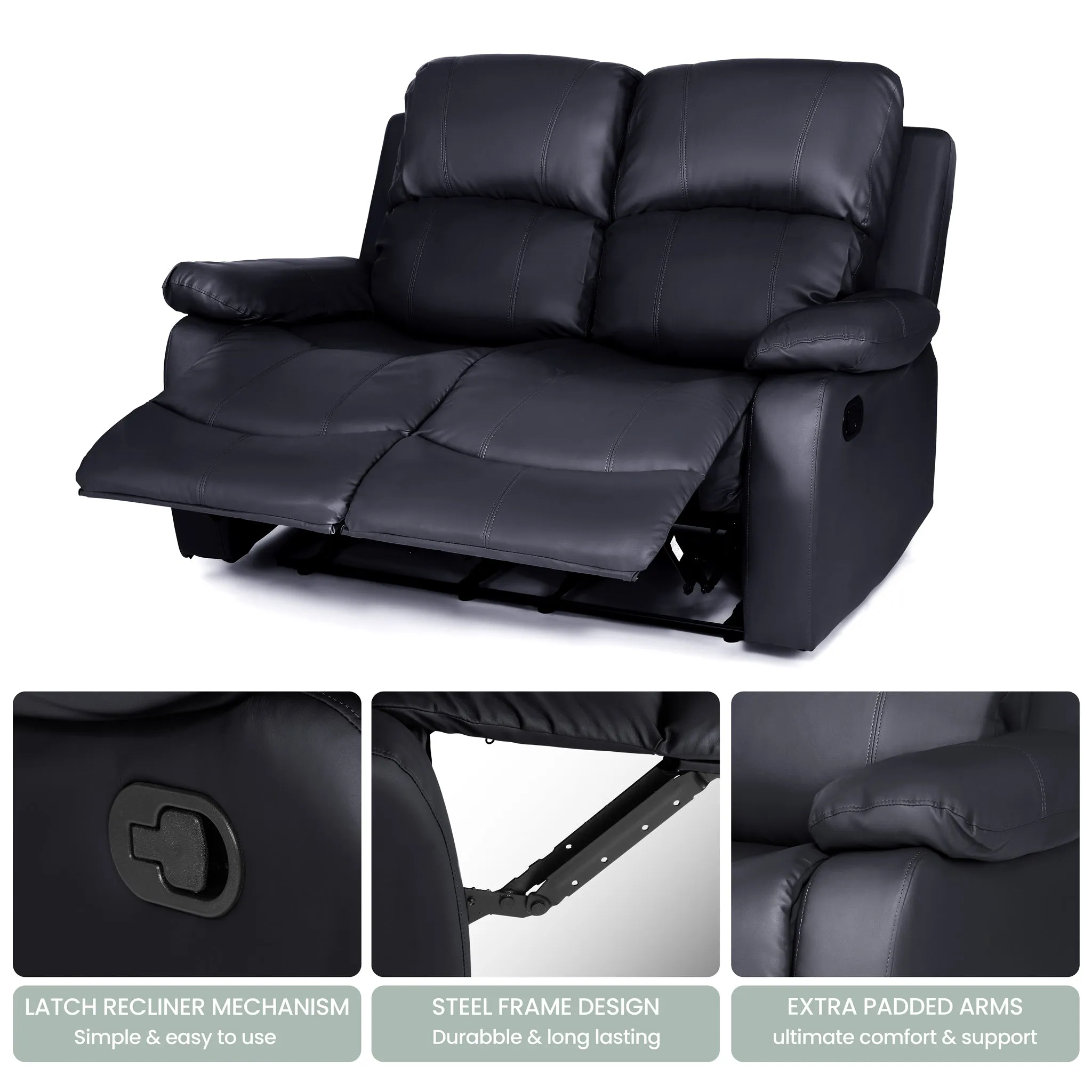 Black Faux Leather Manual Recliner Sofa Suite