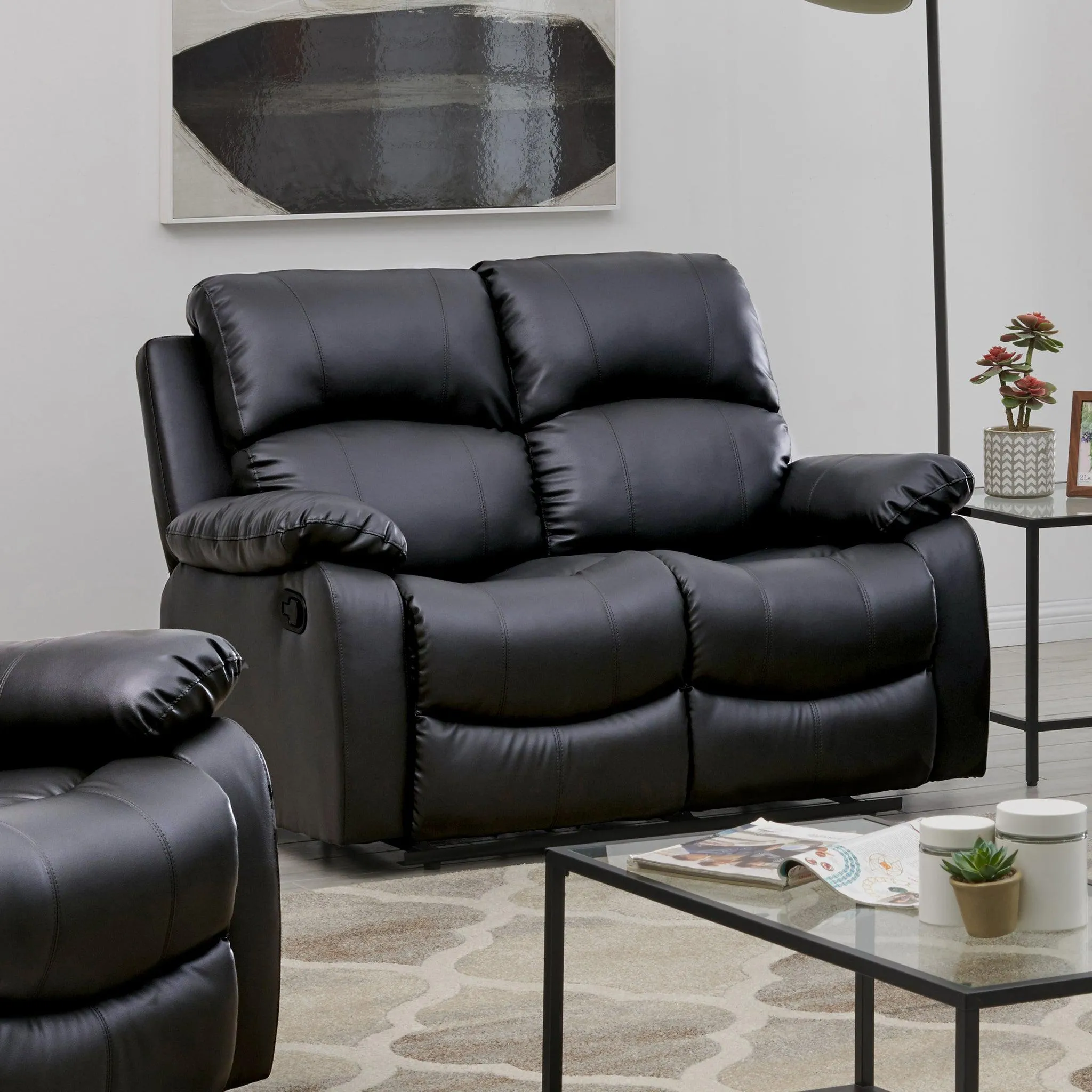 Black Faux Leather Manual Recliner Sofa Suite