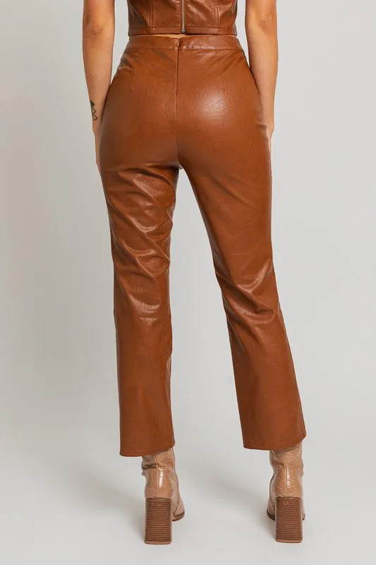 Chloe 70s Fitted Straight Pants in Tan Faux Leather | Le Lis