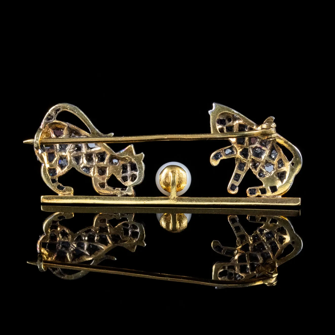 Diamond Cat Brooch Ruby Pearl 18Ct Gold Silver 1.80Ct Of Diamond