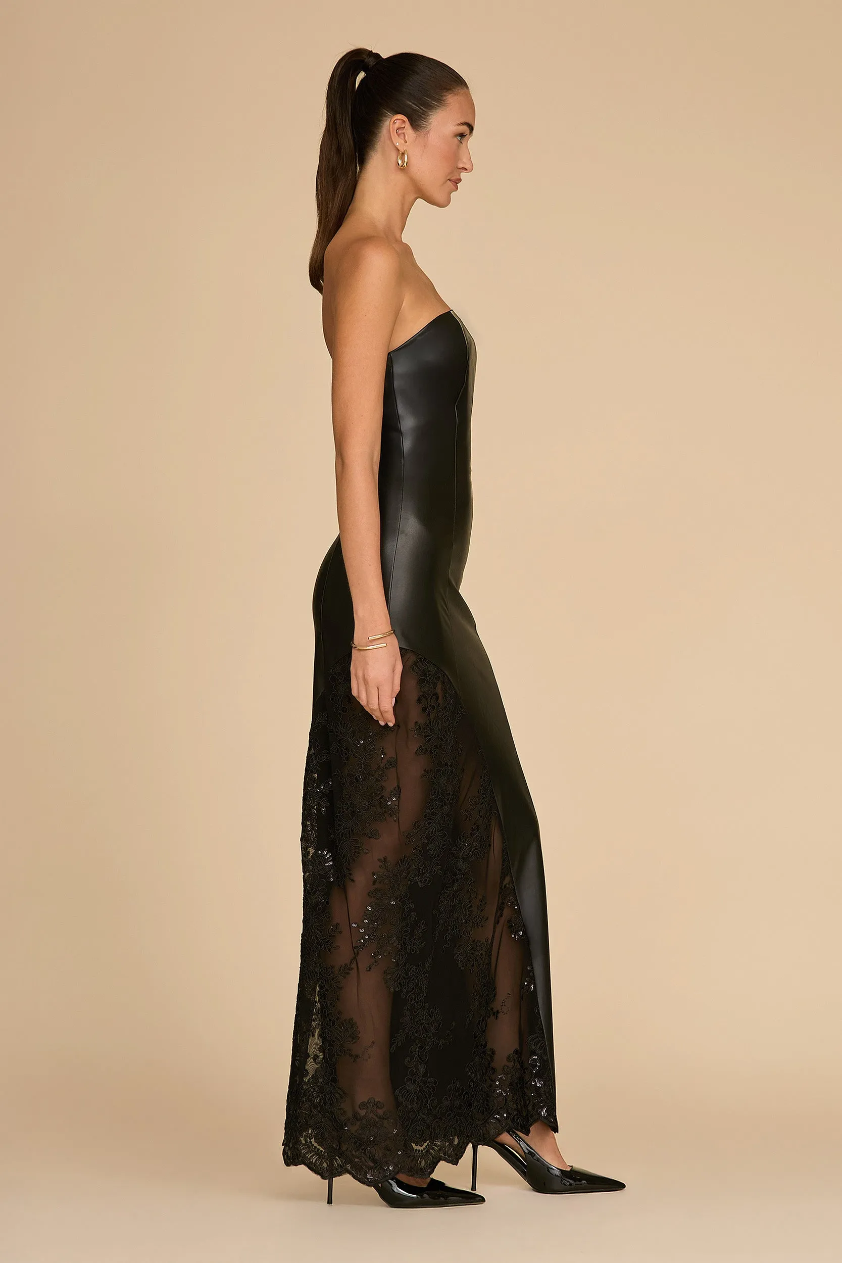 Eden Faux Leather & Lace Maxi Dress - Black