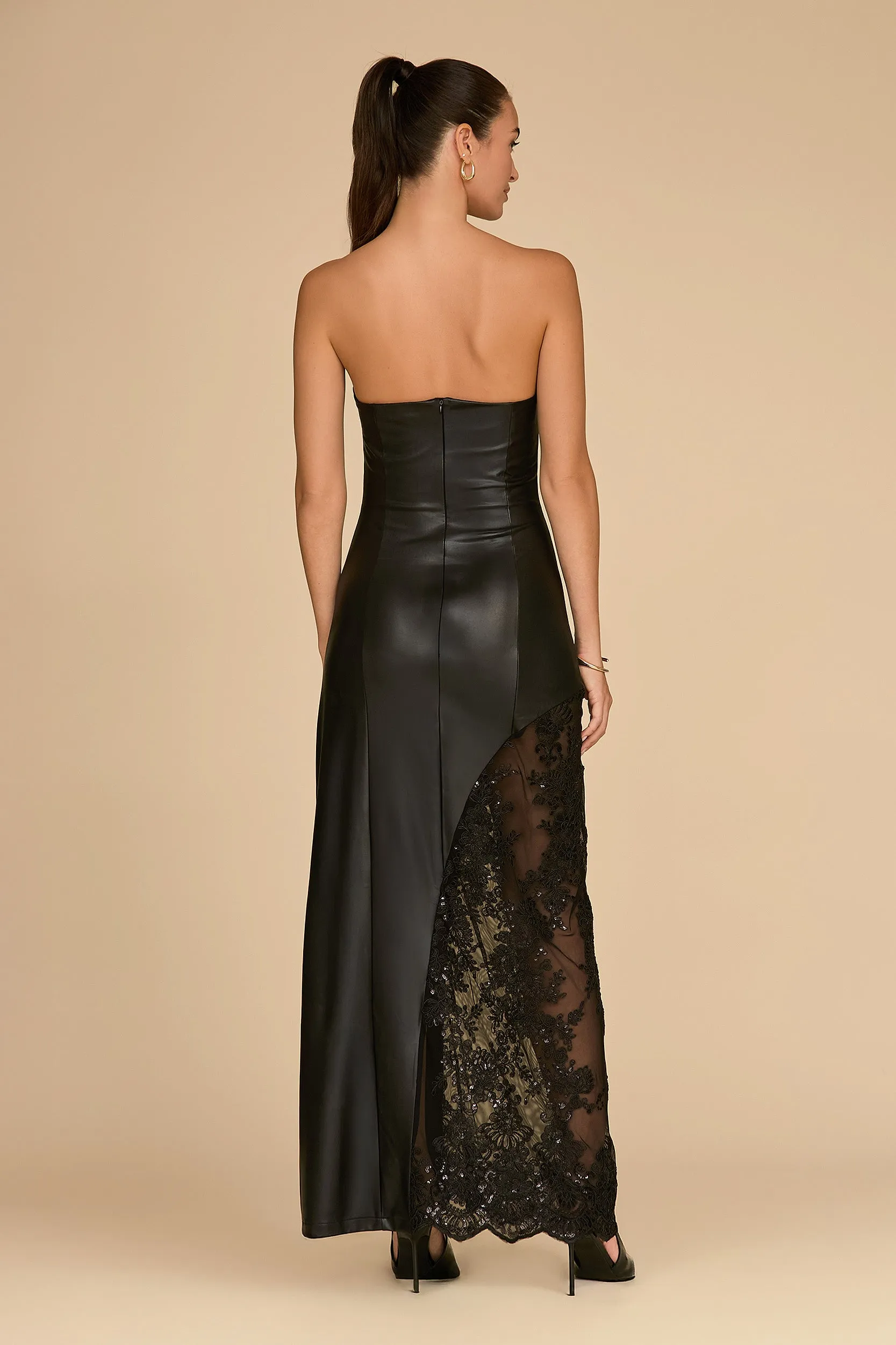 Eden Faux Leather & Lace Maxi Dress - Black