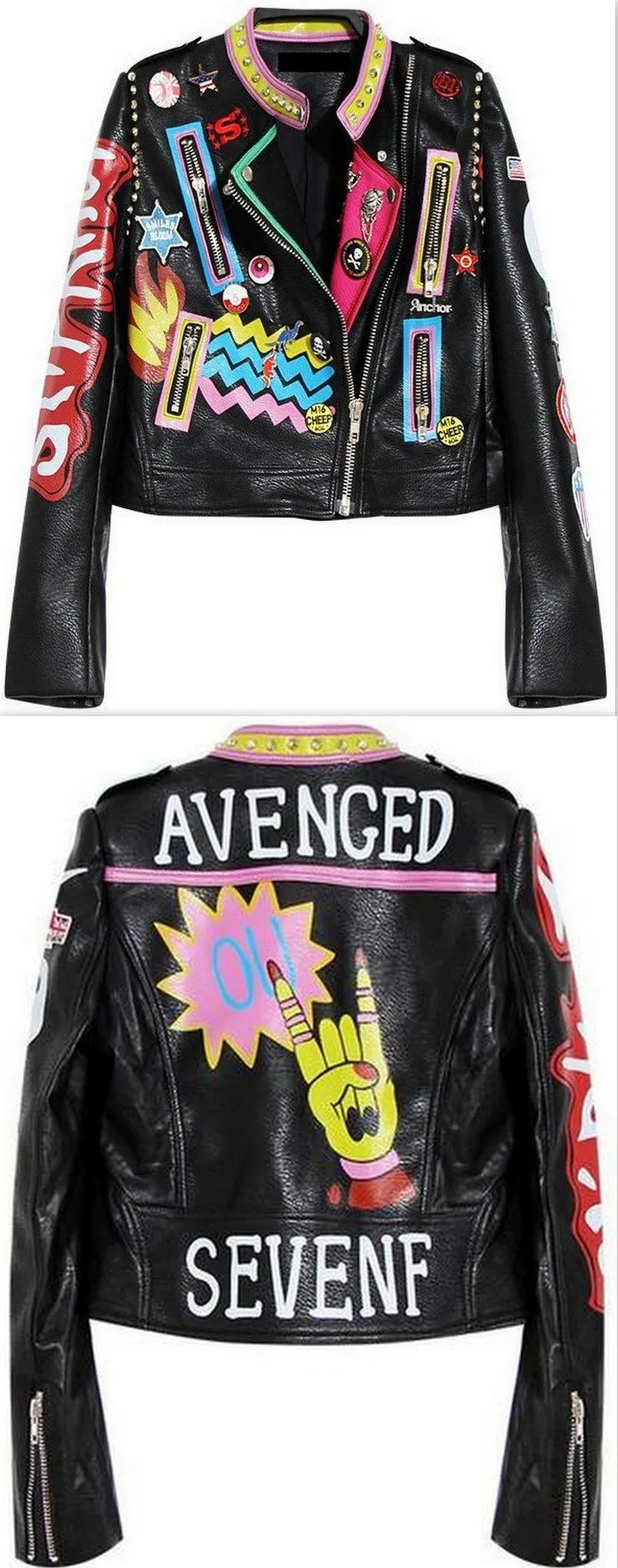 Embellished 'Rock Group' Faux Leather Jacket