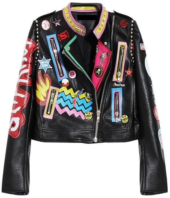 Embellished 'Rock Group' Faux Leather Jacket