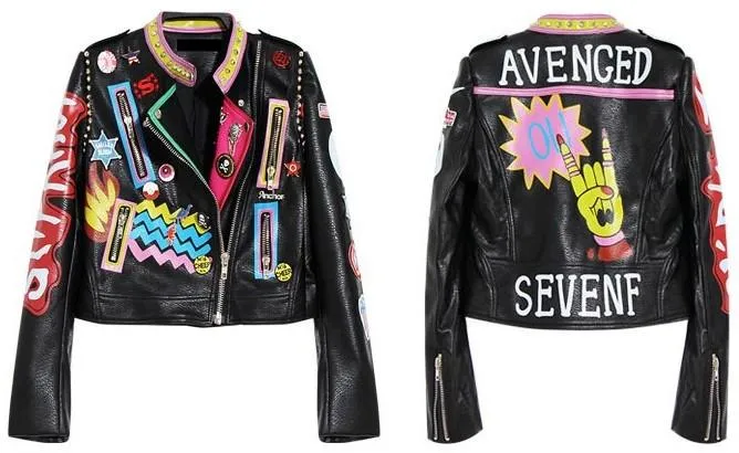 Embellished 'Rock Group' Faux Leather Jacket