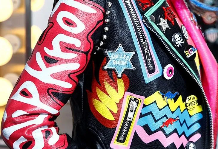 Embellished 'Rock Group' Faux Leather Jacket
