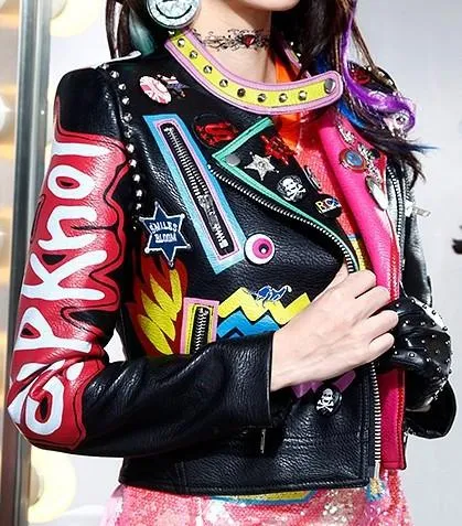 Embellished 'Rock Group' Faux Leather Jacket