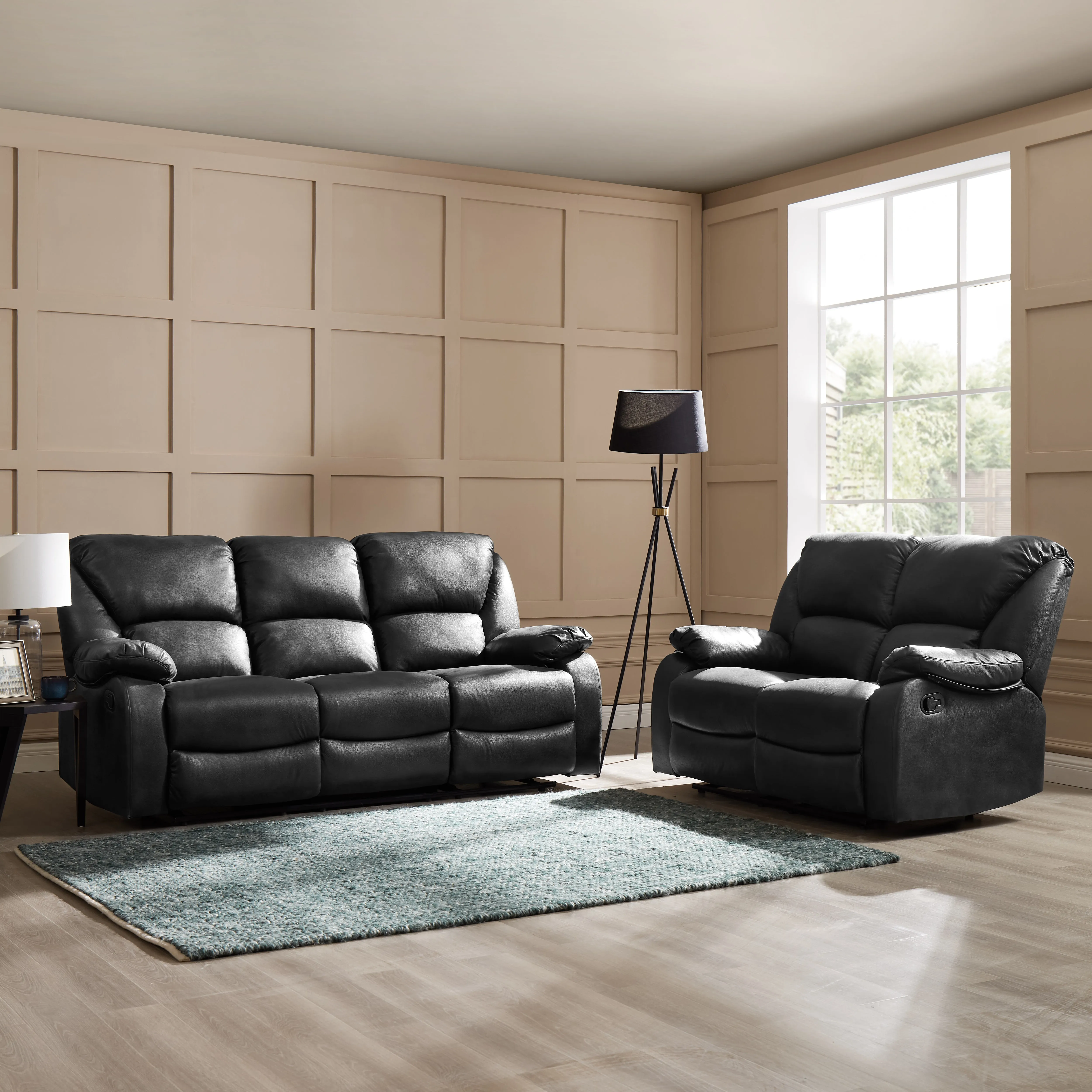 Enoch 2 3 Seater Recliner Sofa Set, Black Faux Leather