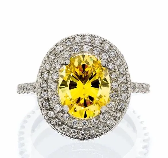 Fancy Halo Canary Cubic Zirconia Engagement Ring In Sterling Silver