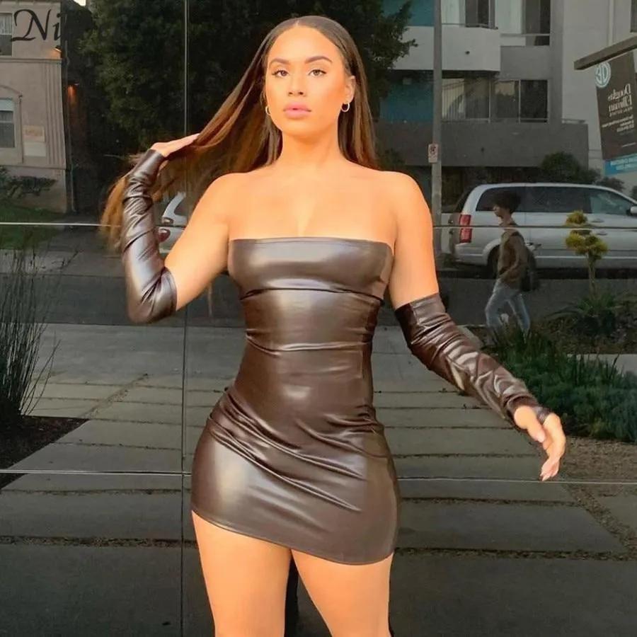 Faux Leather Tube Charming Dress With Gloves