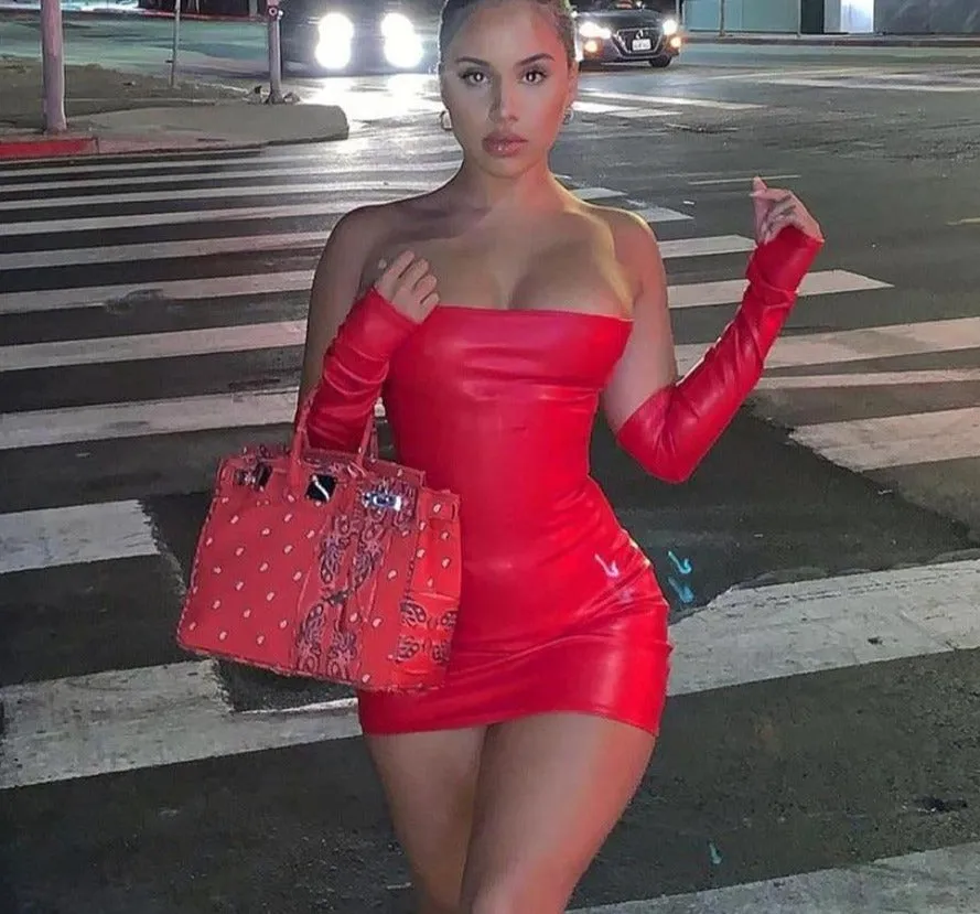 Faux Leather Tube Charming Dress With Gloves