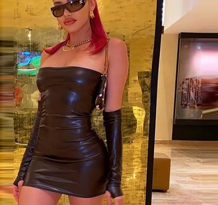 Faux Leather Tube Charming Dress With Gloves