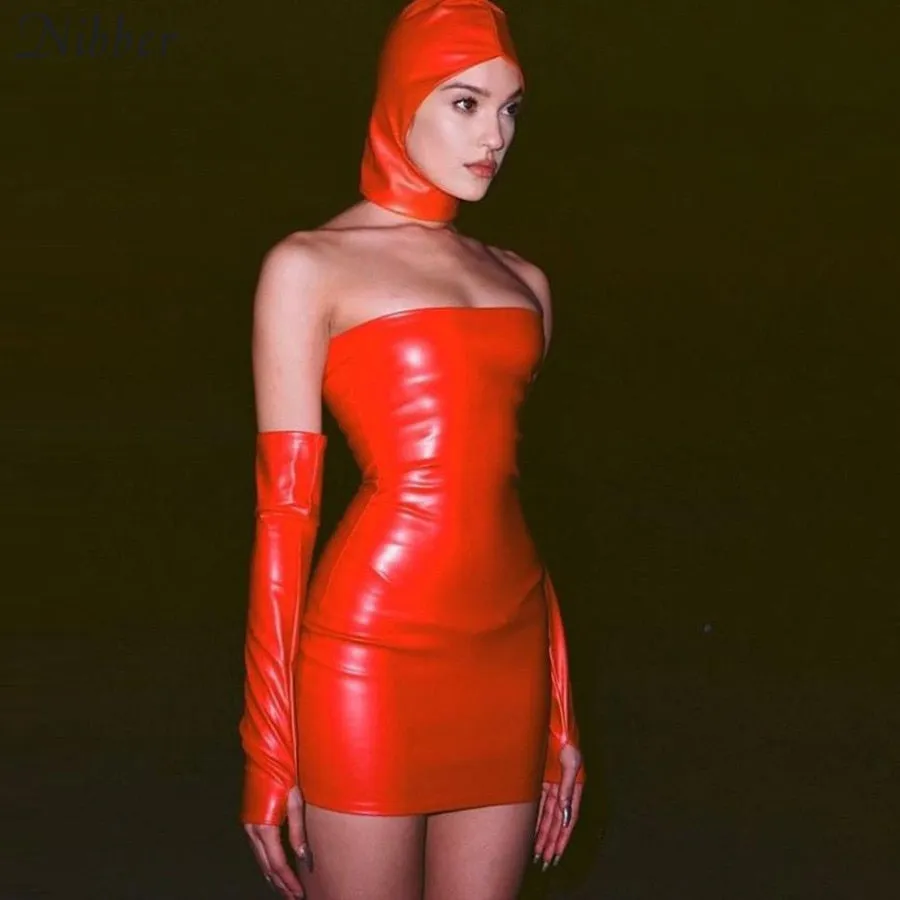 Faux Leather Tube Charming Dress With Gloves