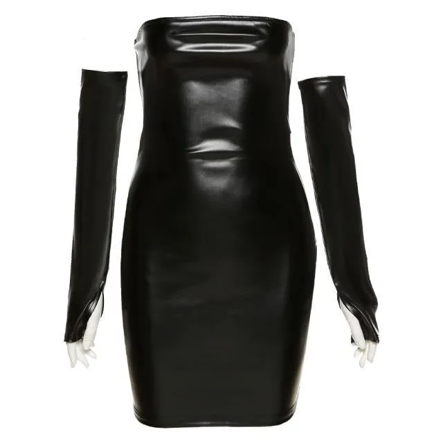 Faux Leather Tube Charming Dress With Gloves