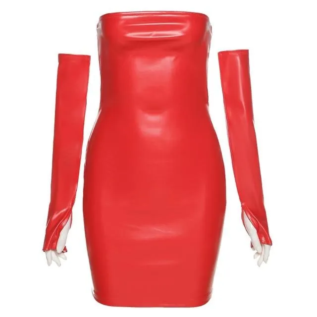 Faux Leather Tube Charming Dress With Gloves