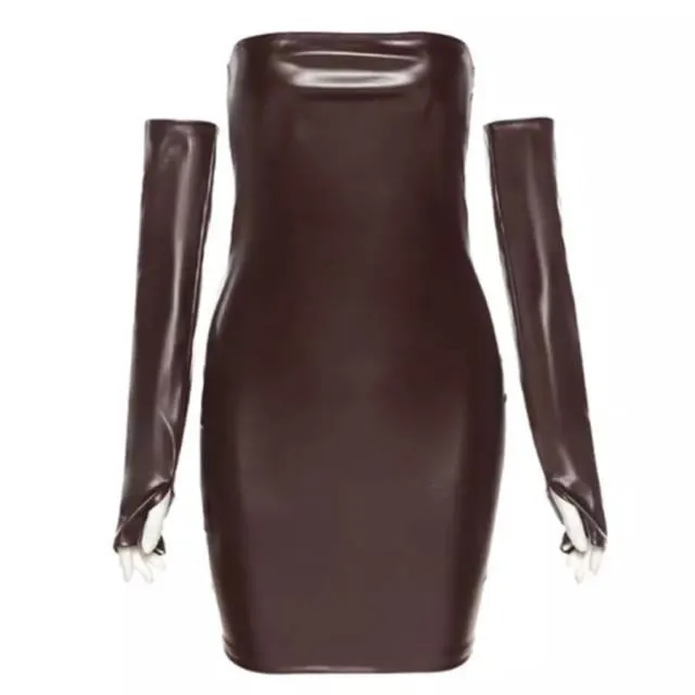 Faux Leather Tube Charming Dress With Gloves