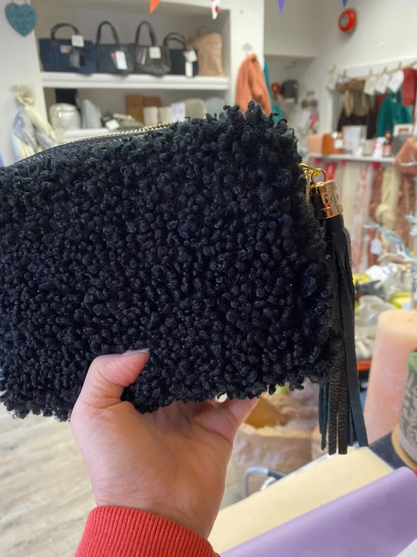 Faux Shearling Crossbody Camera Bag - Black