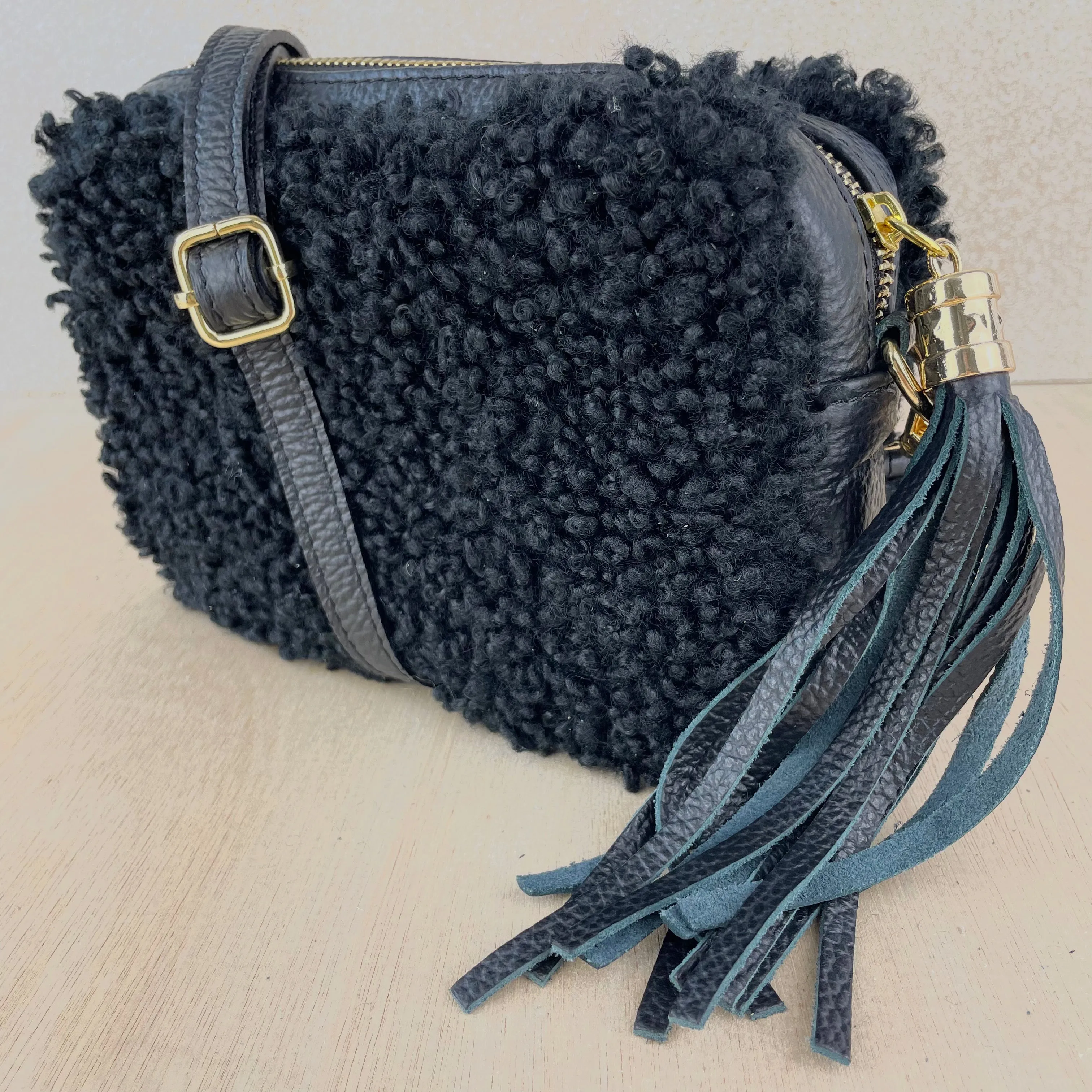 Faux Shearling Crossbody Camera Bag - Black