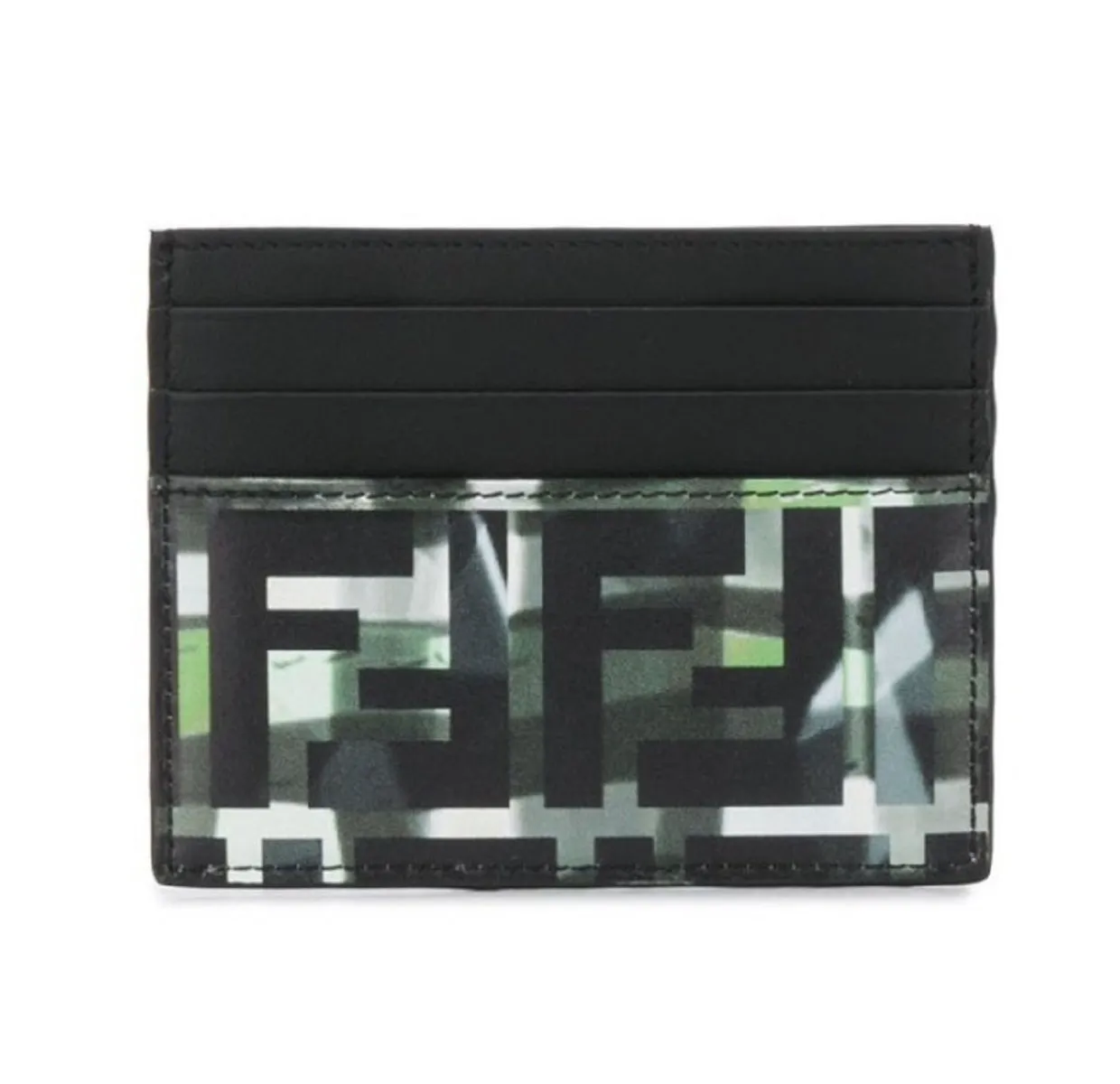 Fendi Unisex Camouflage FF Print Black Green Calf Leather Card Case 7M0164
