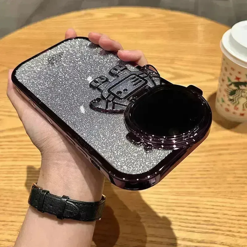 Glitter Astronaut Camera Stand Phone Case Invisible Lens Soft Cover