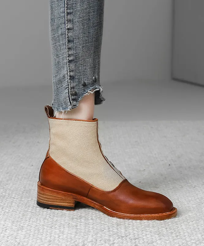 Handmade Retro Splicing Chunky Boots Brown Faux Leather ML1689