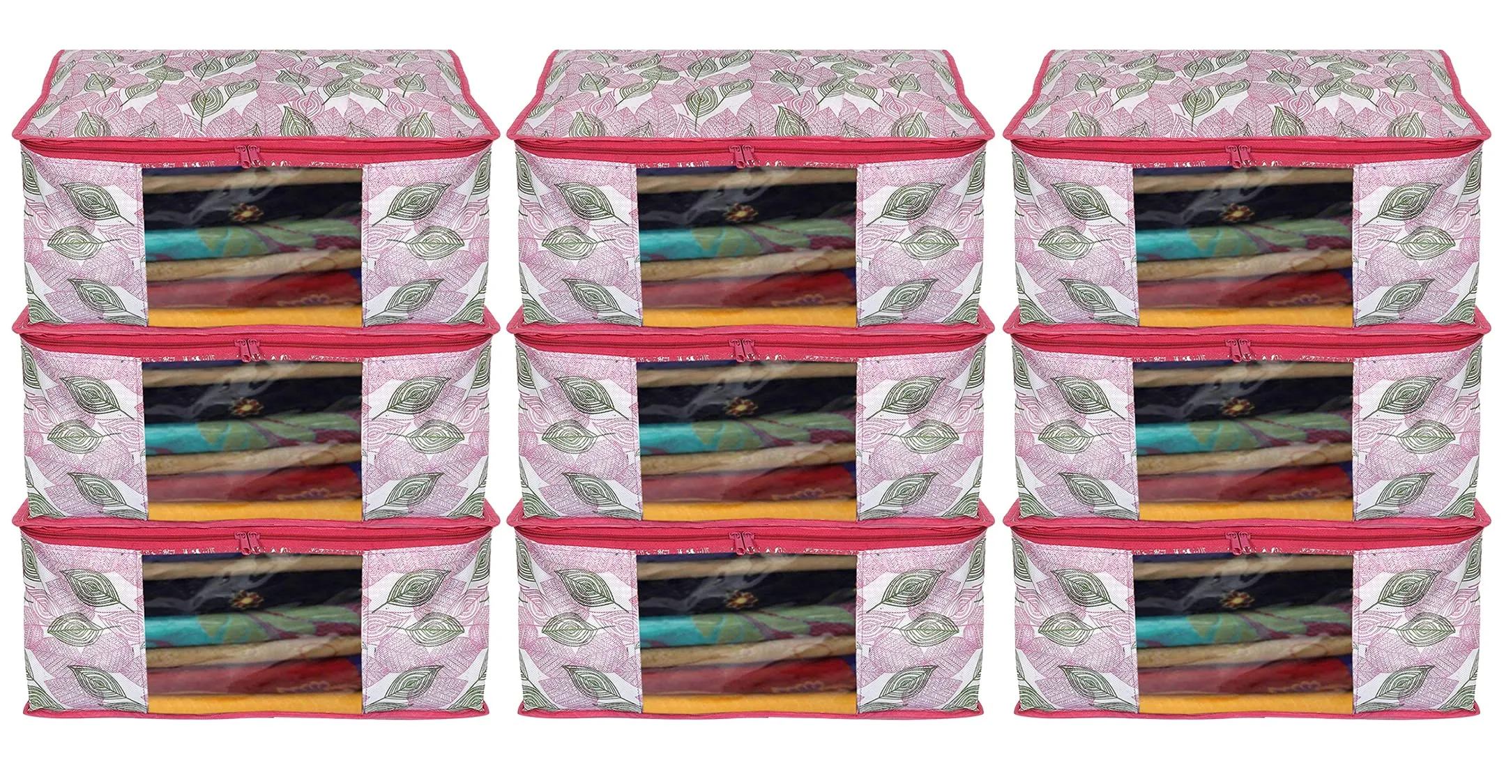 Heart Home Leaf Design Non-woven Sarees, Clothes Cover/Organizer With Transparent Window- Pack of 9 (Pink)-44HH0366
