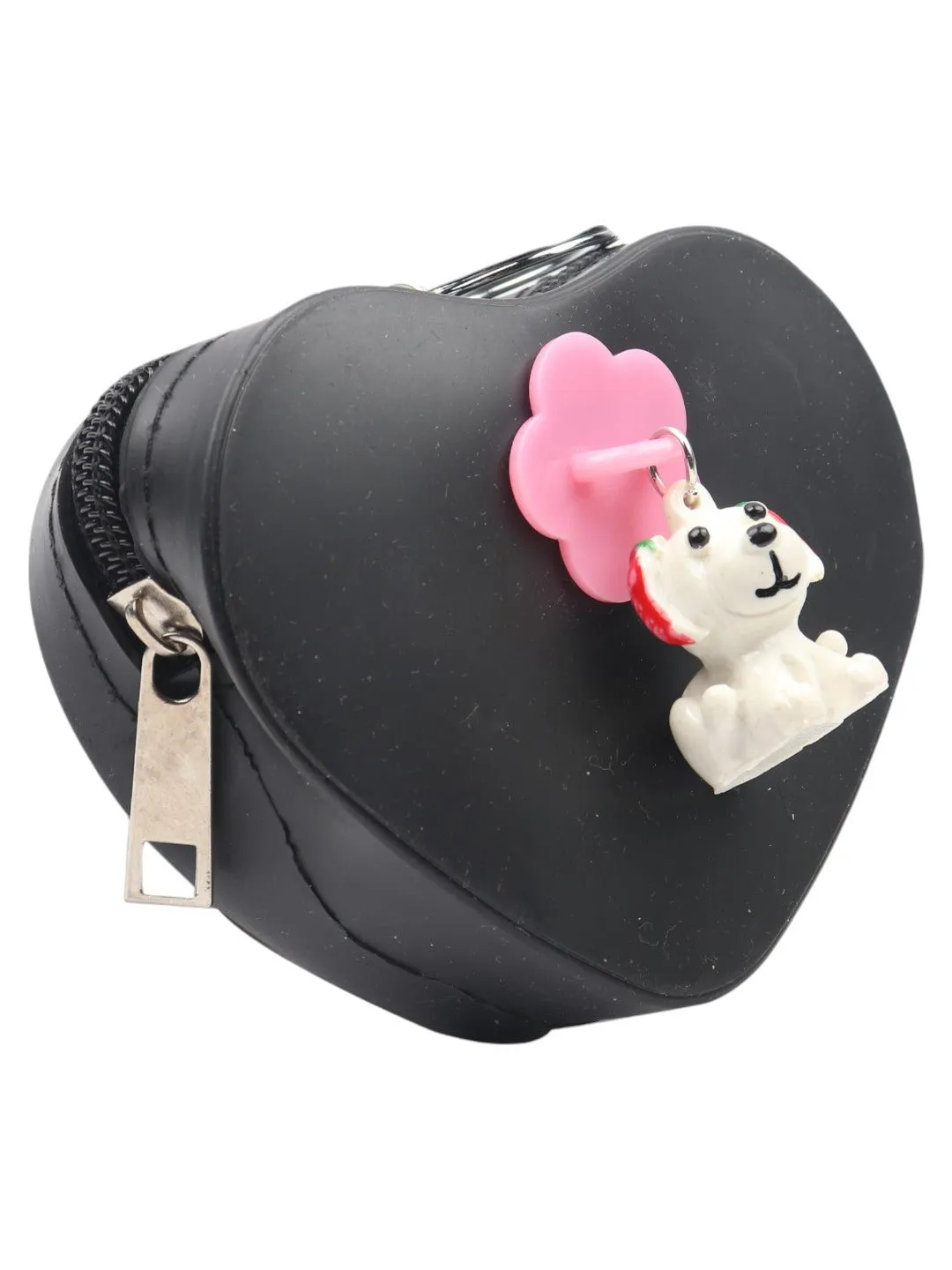 Heart-Shaped Black Coin Purse with Cute Puppy Charm and Pink Flower
