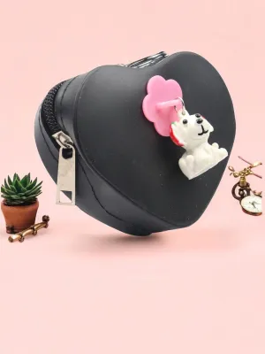 Heart-Shaped Black Coin Purse with Cute Puppy Charm and Pink Flower