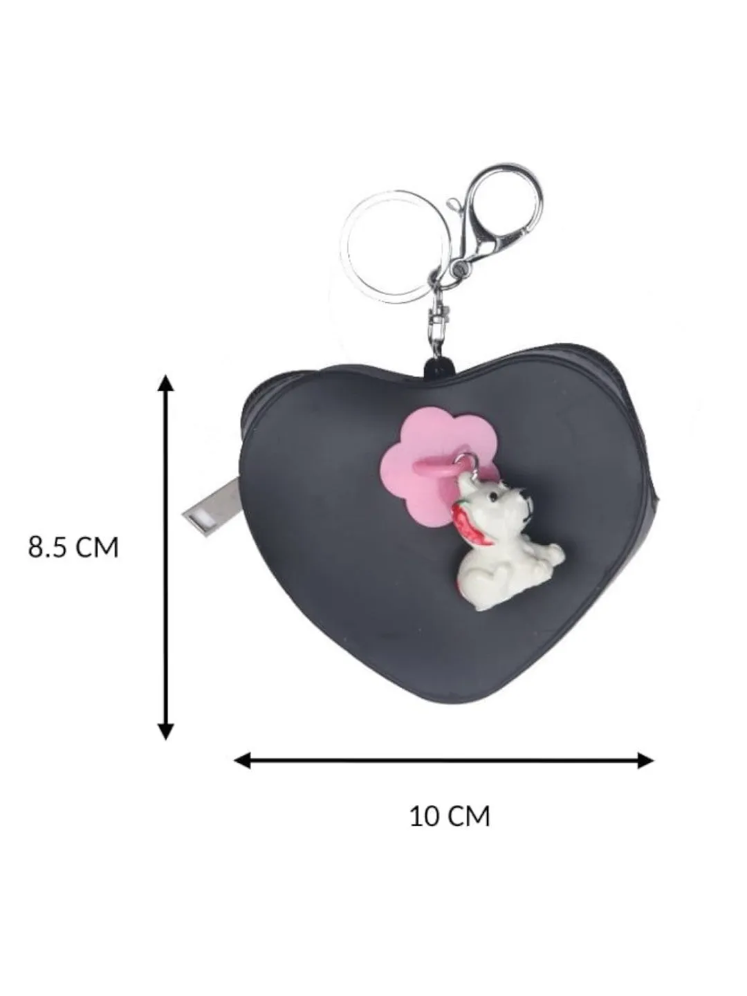 Heart-Shaped Black Coin Purse with Cute Puppy Charm and Pink Flower