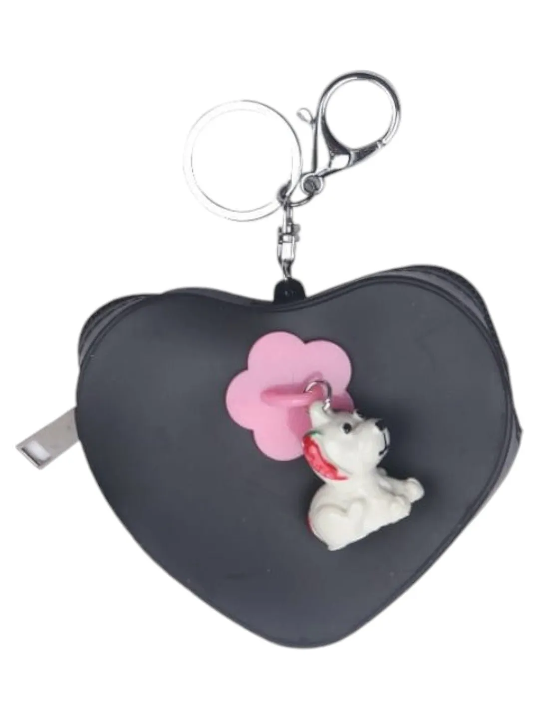 Heart-Shaped Black Coin Purse with Cute Puppy Charm and Pink Flower