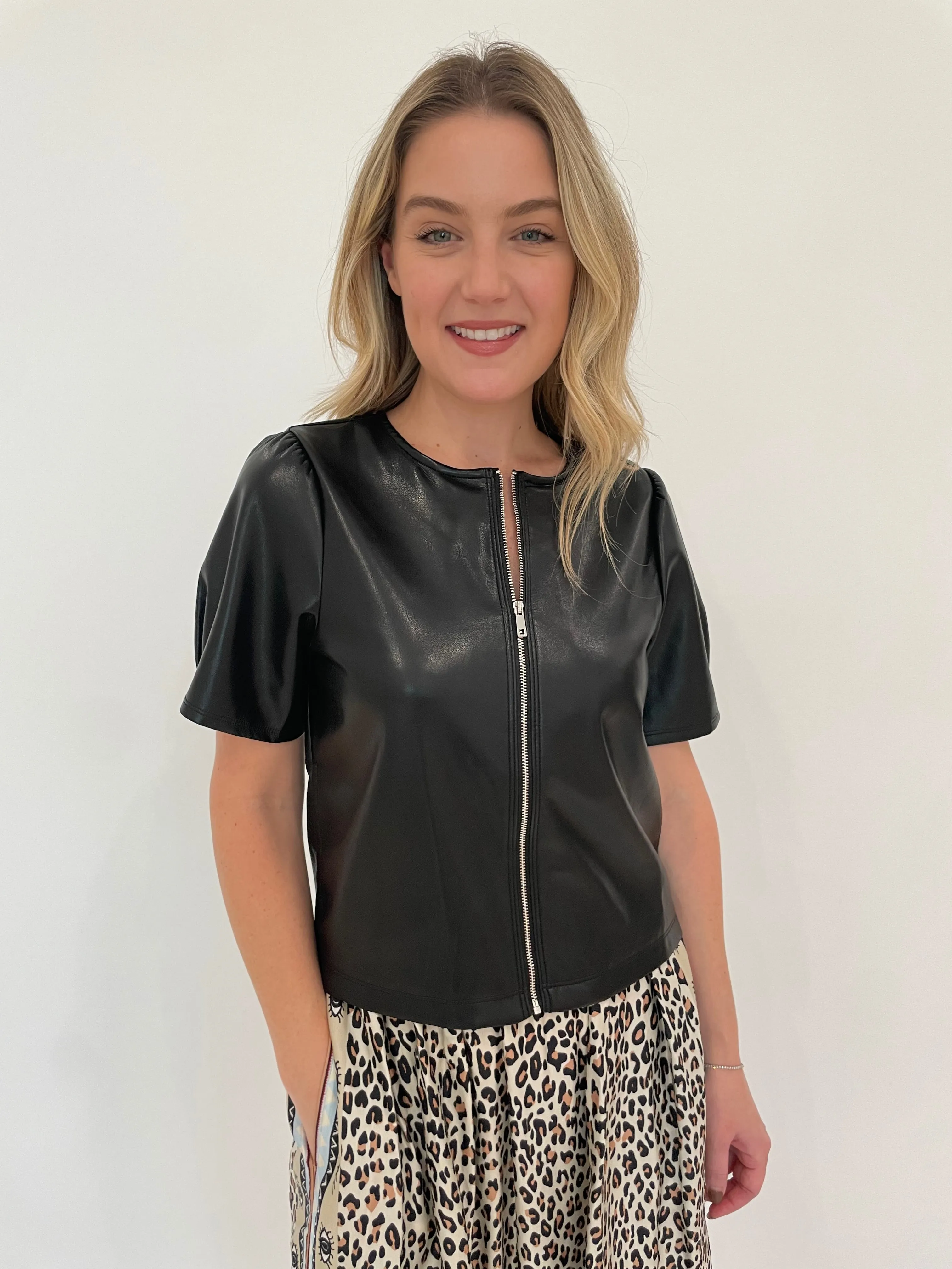 Houston Zip-Up Faux Leather Top - Black