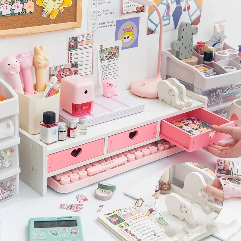Kawaii Hearts Pink Wooden Desk Organizer
