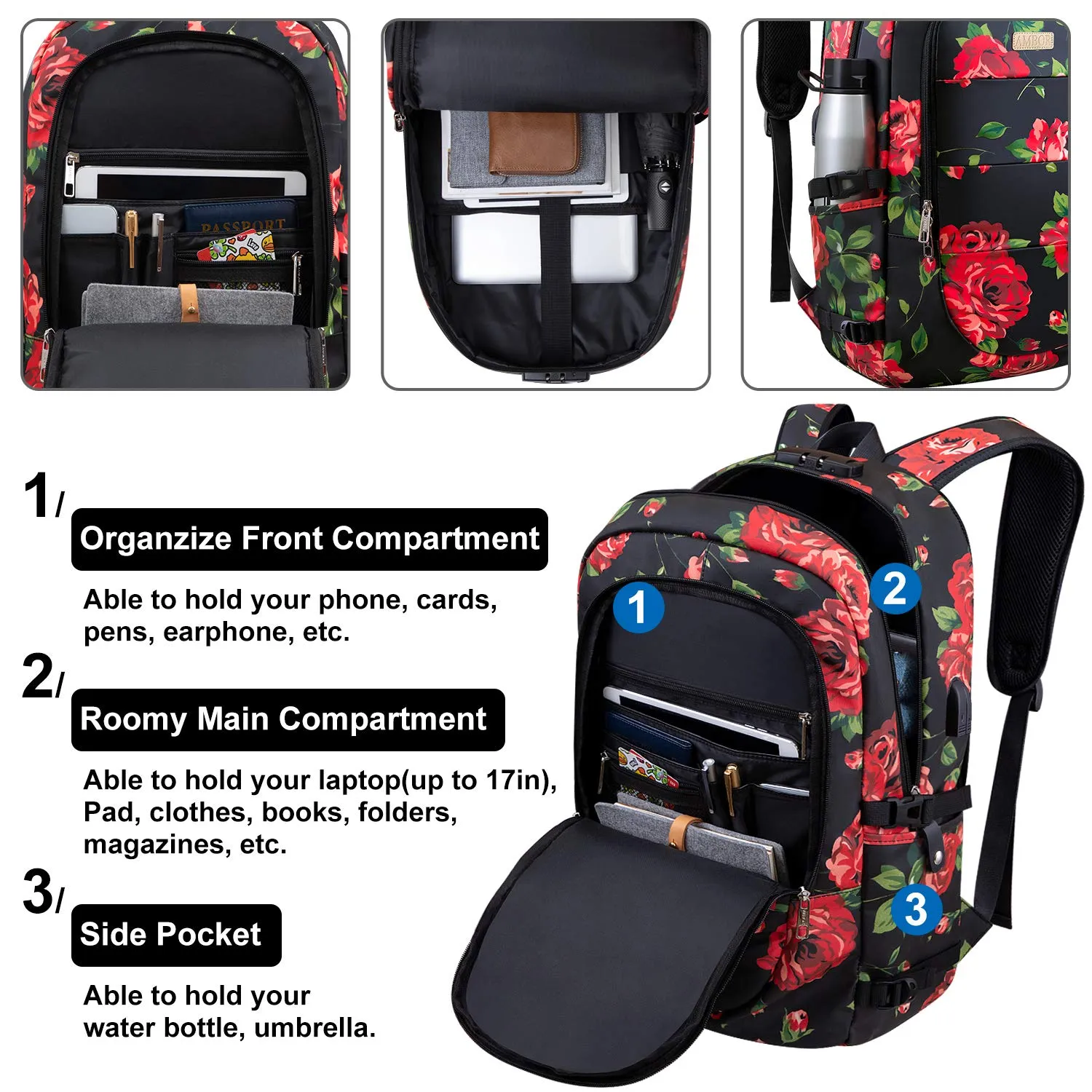 Laptop Backpack, 17.3 Inch Anti Theft Travel Business Laptop Backpack Bag with USB Port and Lock, Water Repellent College School Bookbag Computer Backpack Casual Daypack for Women Girls- Flower2