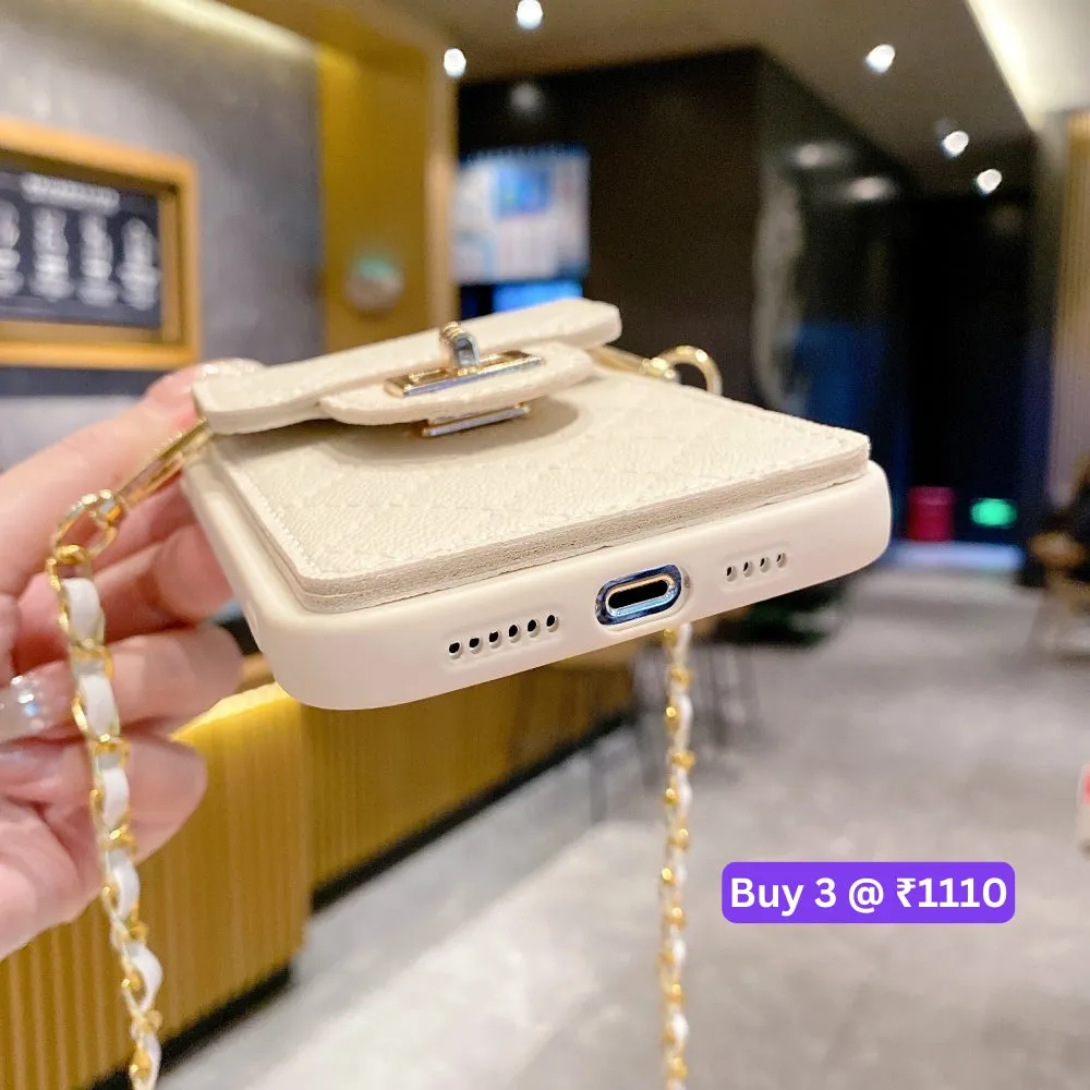 Luxury PU Leather Wallet Silicone Phone Case with Crossbody Chain Card Slot Bag - iPhone 14 Pro