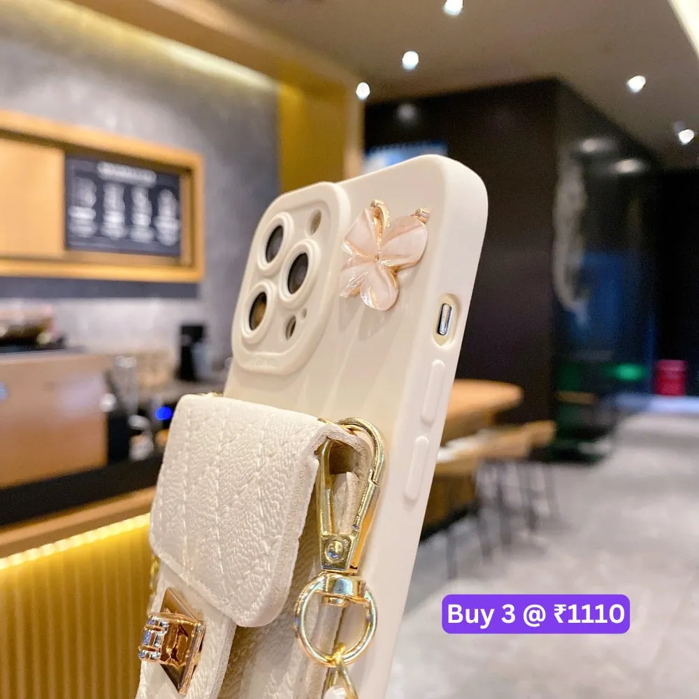 Luxury PU Leather Wallet Silicone Phone Case with Crossbody Chain Card Slot Bag - iPhone 14 Pro