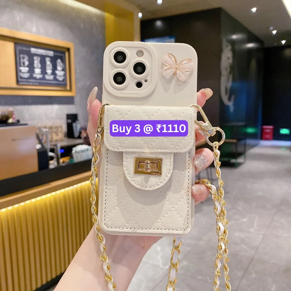 Luxury PU Leather Wallet Silicone Phone Case with Crossbody Chain Card Slot Bag - iPhone 14 Pro