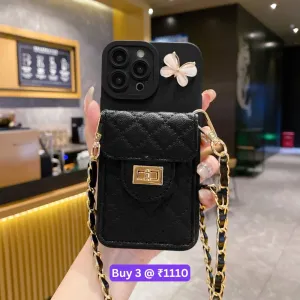 Luxury PU Leather Wallet Silicone Phone Case with Crossbody Chain Card Slot Bag - iPhone 14 Pro