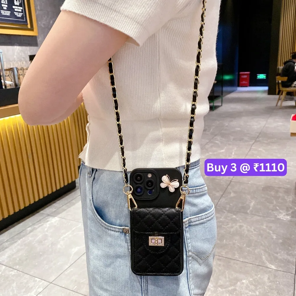 Luxury PU Leather Wallet Silicone Phone Case with Crossbody Chain Card Slot Bag - iPhone 14 Pro