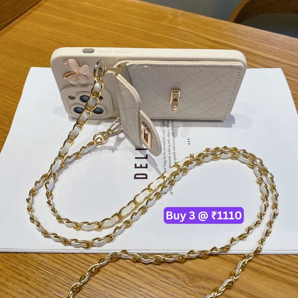 Luxury PU Leather Wallet Silicone Phone Case with Crossbody Chain Card Slot Bag - iPhone 14 Pro