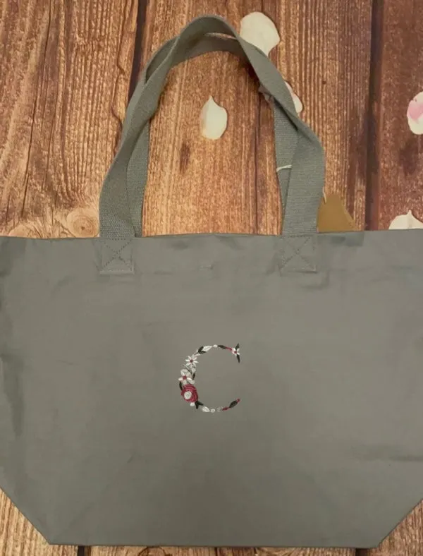 Personalised canvas tote bag, embroidered with floral initial