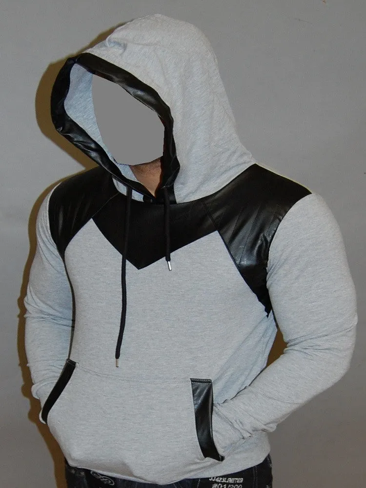 R&R MENS STYLISH FAUX LEATHER HOODIE SWEATER - GRAY