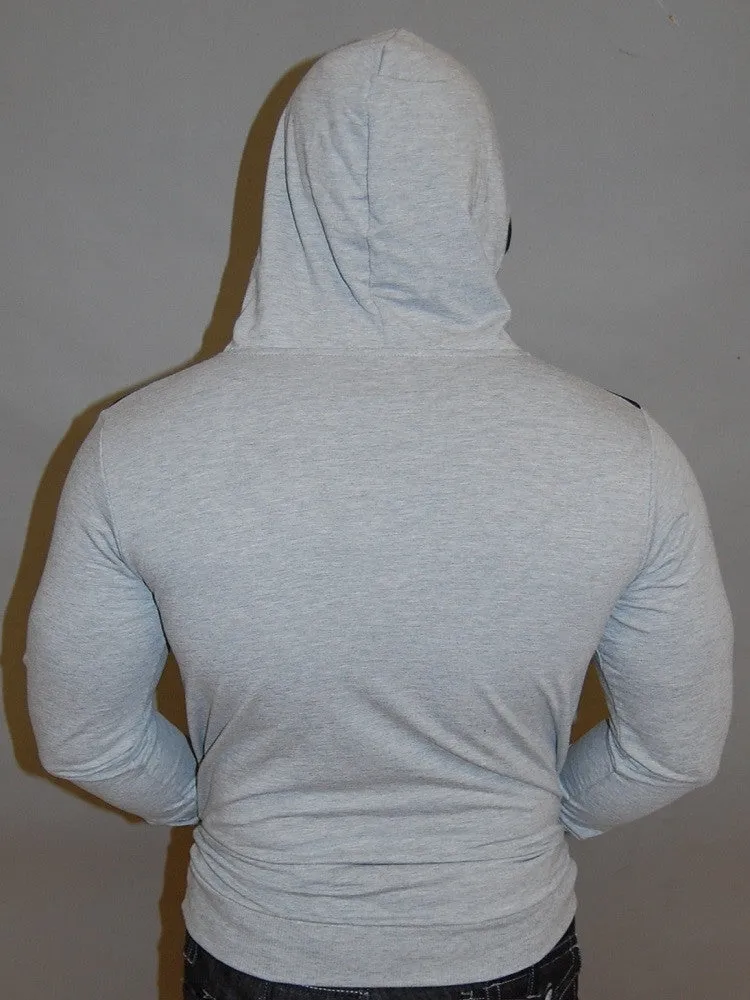 R&R MENS STYLISH FAUX LEATHER HOODIE SWEATER - GRAY