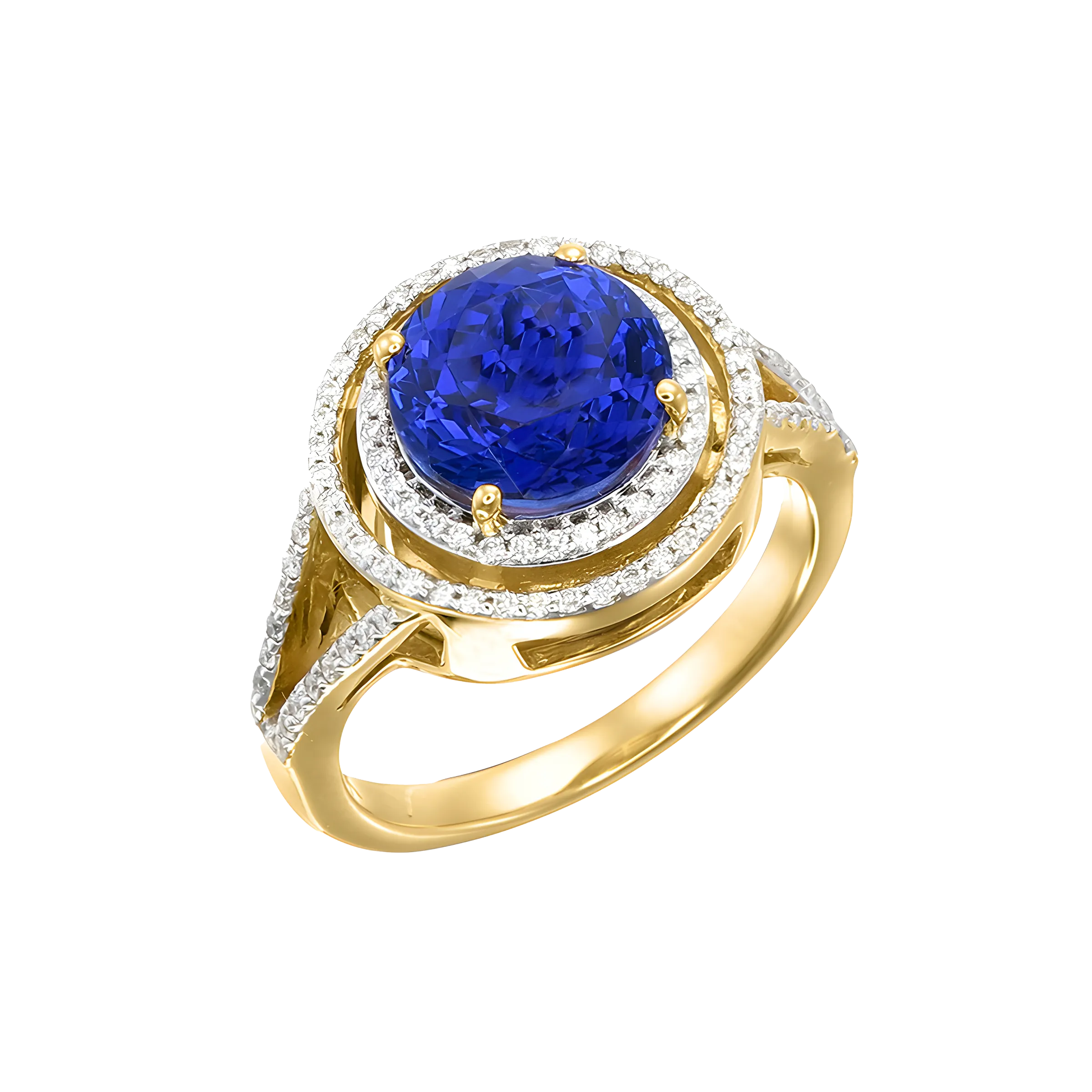 Round Tanzanite and Diamond Halo Split Ring in 18K Yellow Gold
