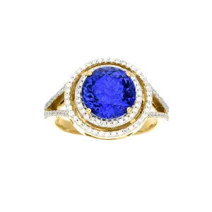 Round Tanzanite and Diamond Halo Split Ring in 18K Yellow Gold