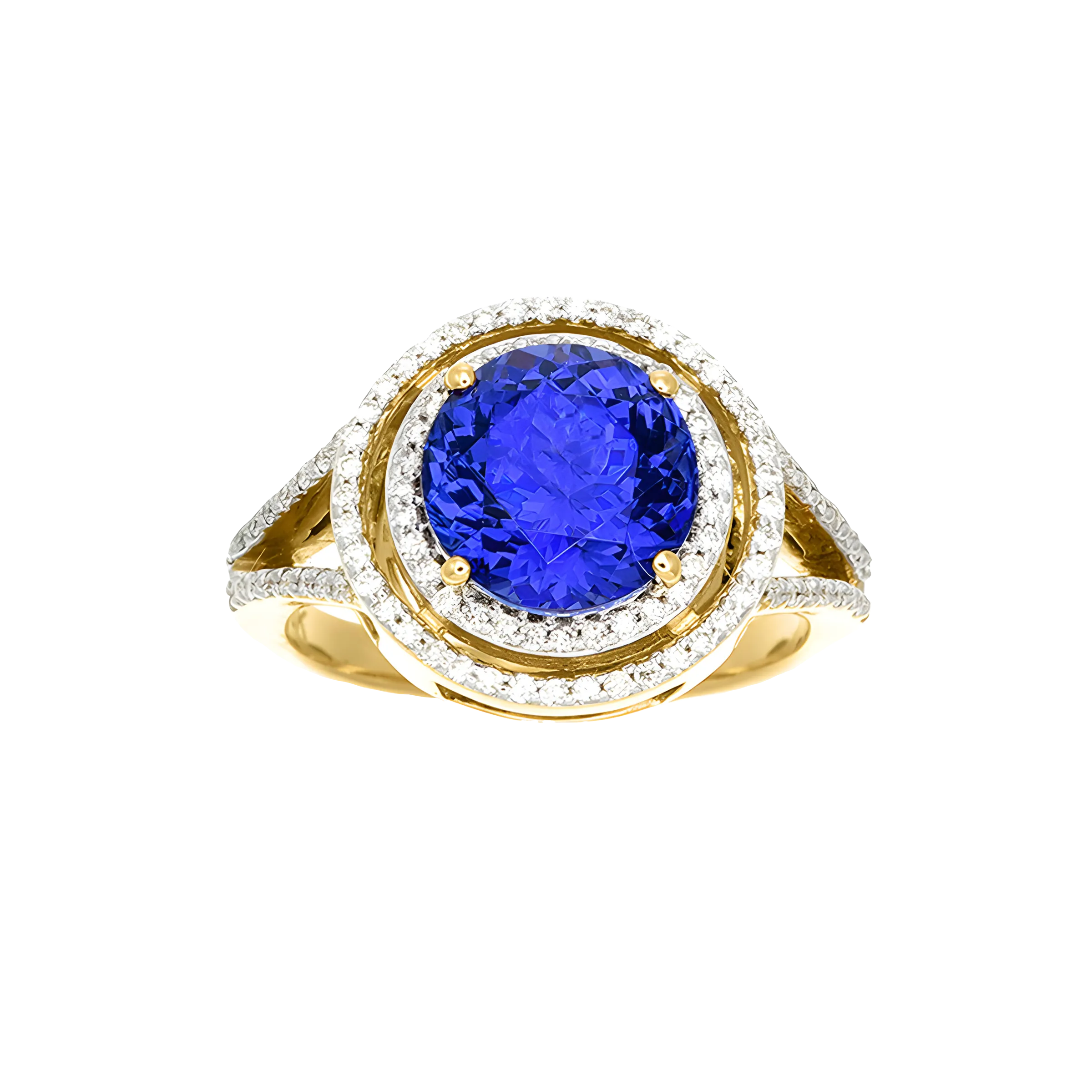 Round Tanzanite and Diamond Halo Split Ring in 18K Yellow Gold