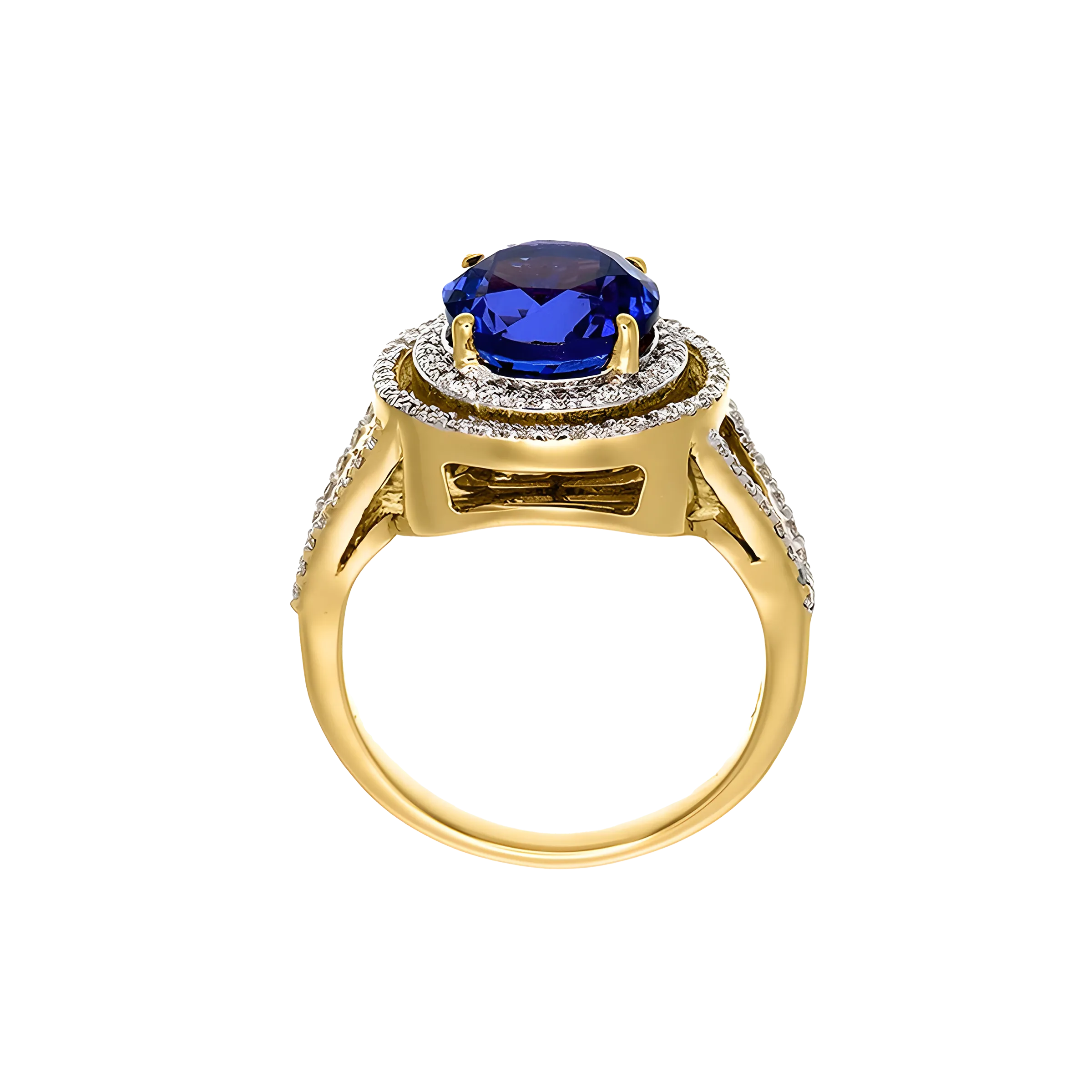 Round Tanzanite and Diamond Halo Split Ring in 18K Yellow Gold