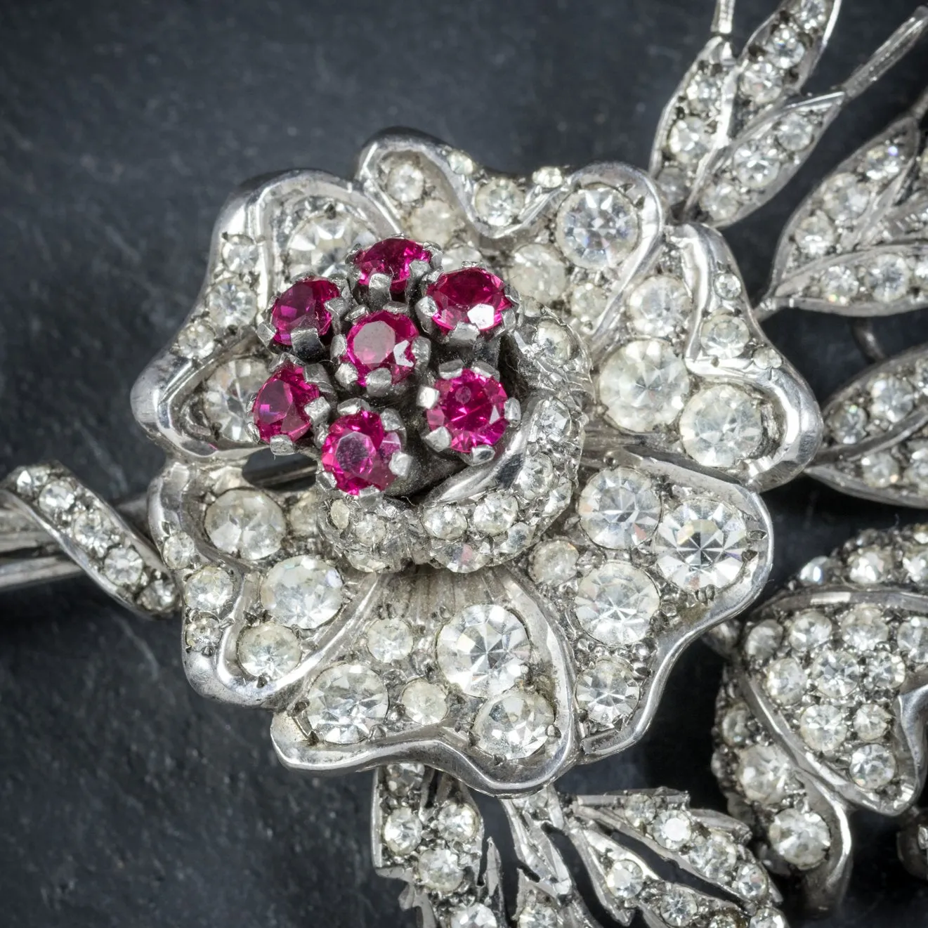 Ruby Paste Flower Brooch Sterling Silver