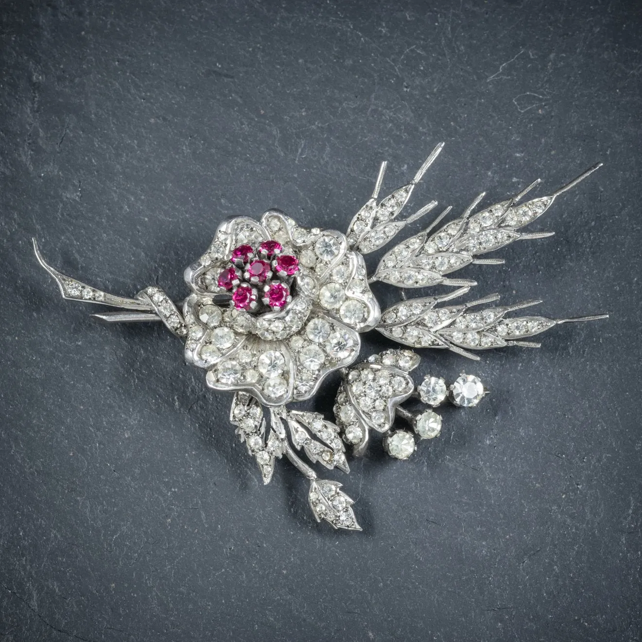 Ruby Paste Flower Brooch Sterling Silver