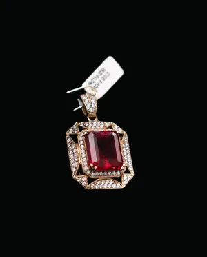 Ruby Square Pendant 10K Yellow Gold With Zirconia / 8.2gr